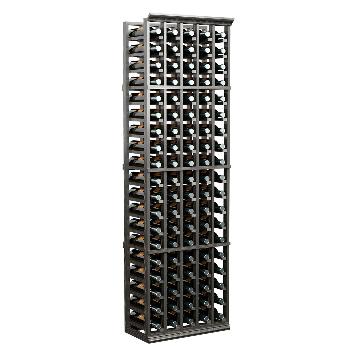 5-column wine bottle rack, 6ft tall, dark wood frame holding bottles