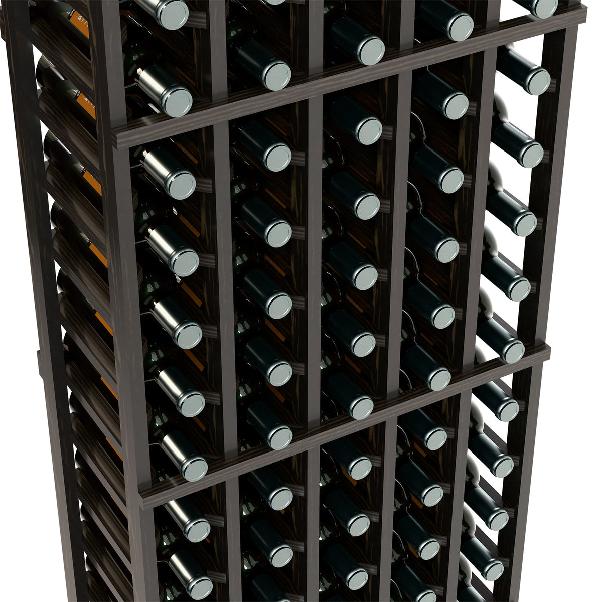 5-column wine bottle rack, dark wood frame with bottle rows, angled close-up