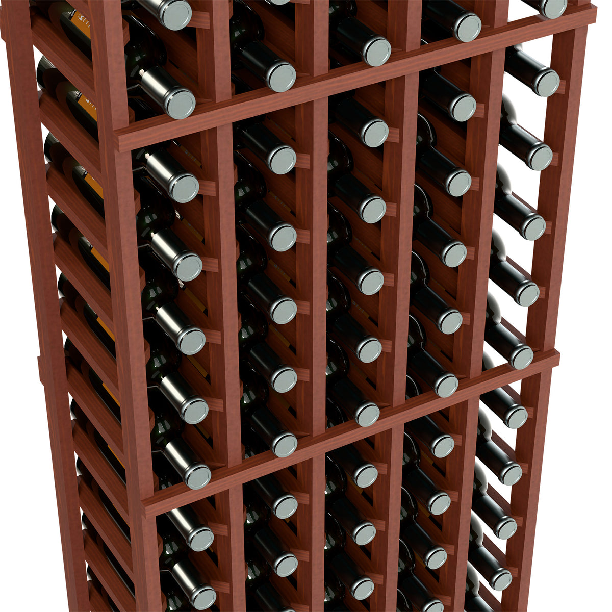 5-column wine bottle rack, red-brown wood frame with bottle rows, close-up