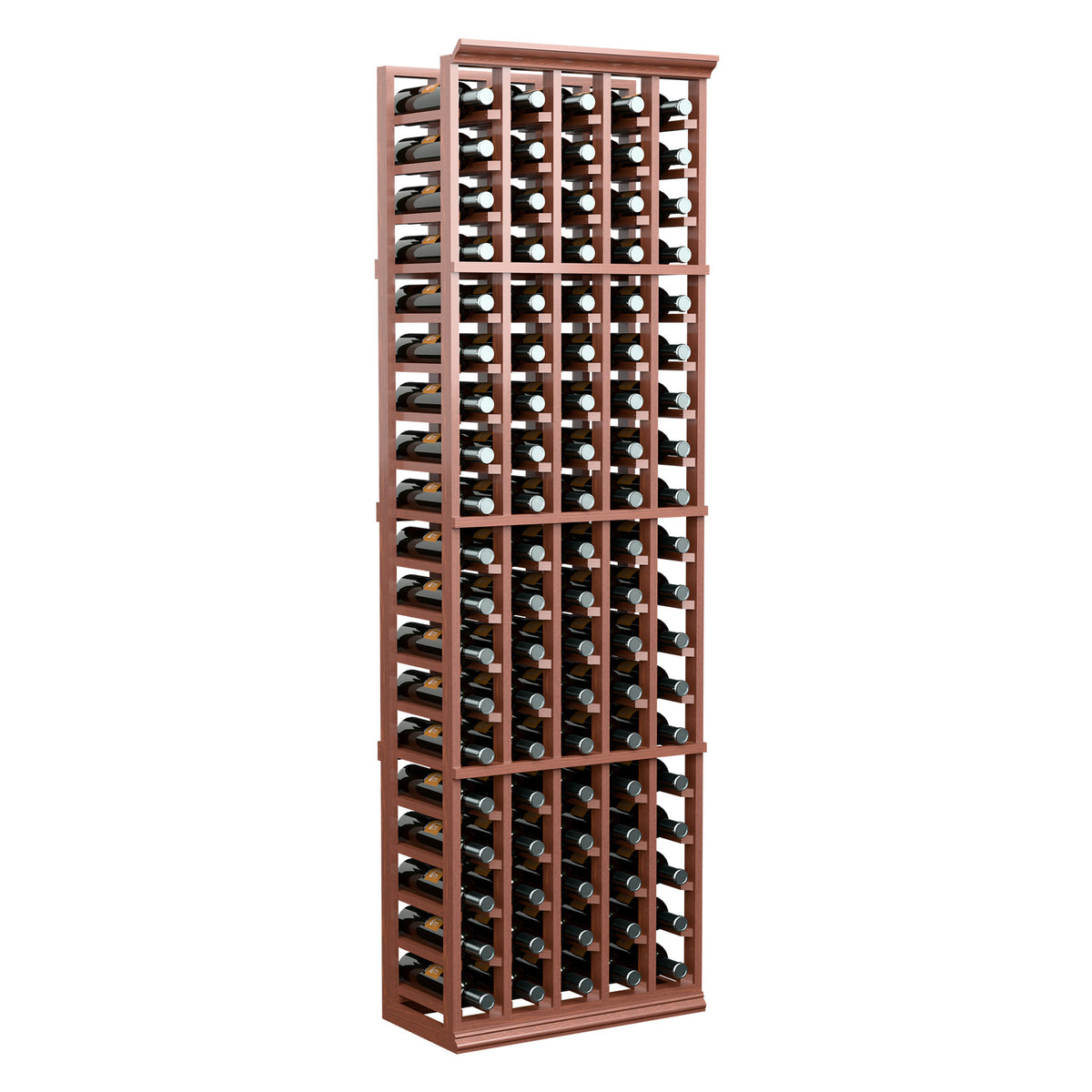 5-column wine bottle rack, 6ft tall, red-brown wood frame holding bottles