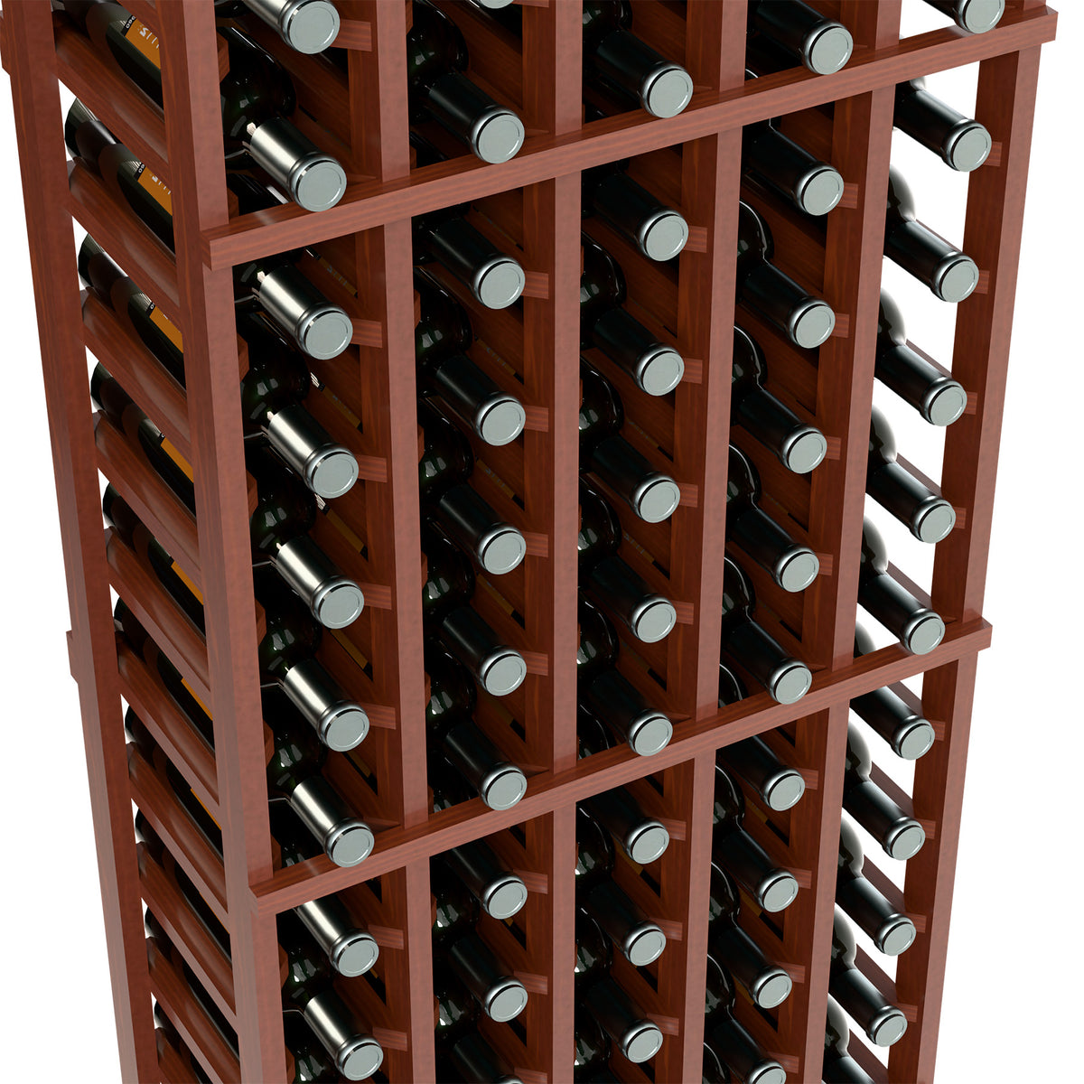 5-column wine bottle rack, red-brown wood frame with bottle rows, angled close-up