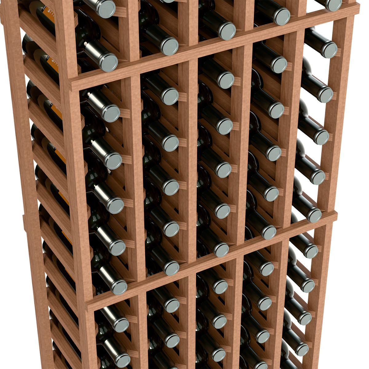5-column wine bottle rack, red-brown wood frame with bottle rows, close-up