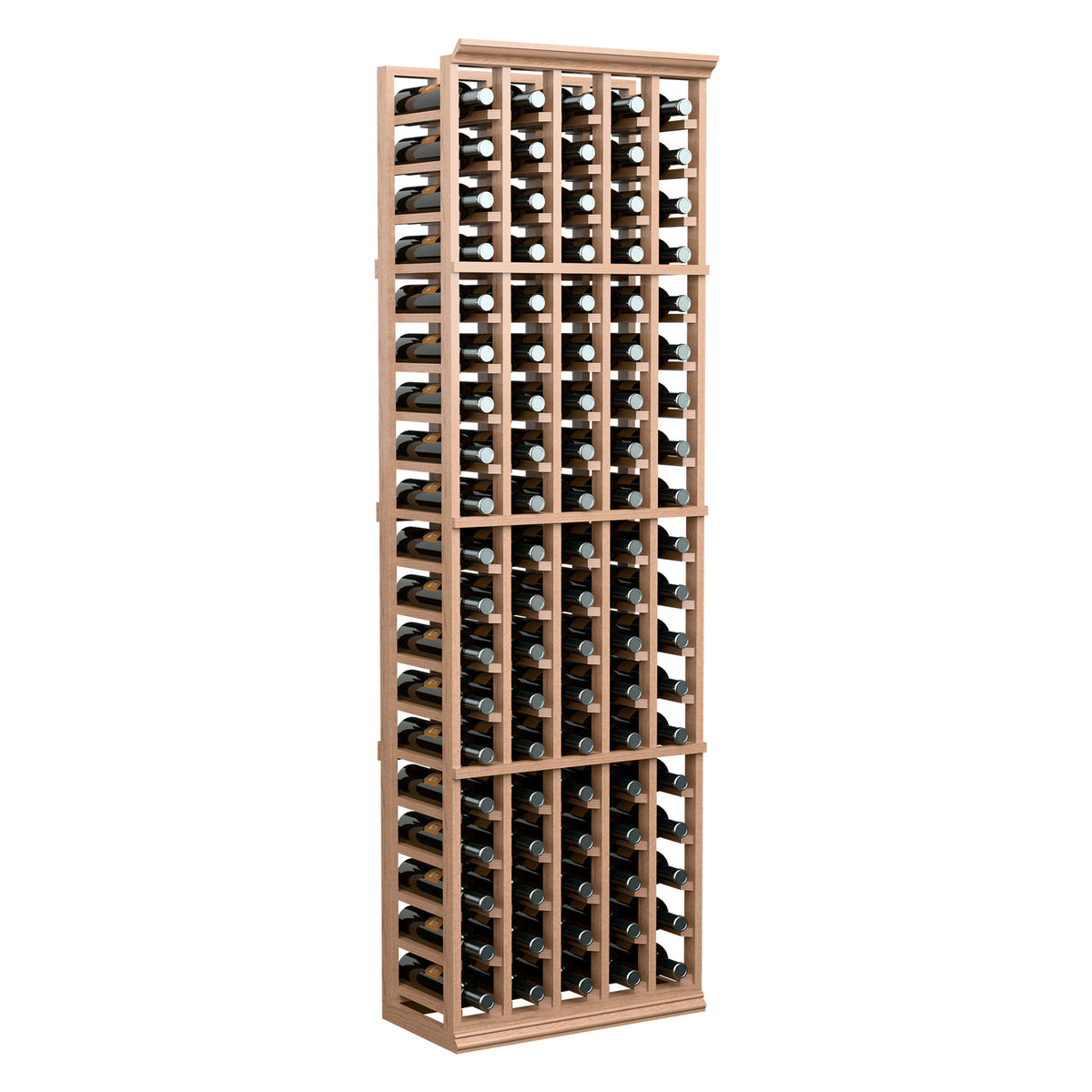 Wood wine bottle storage rack with five columns, holds many bottles upright
