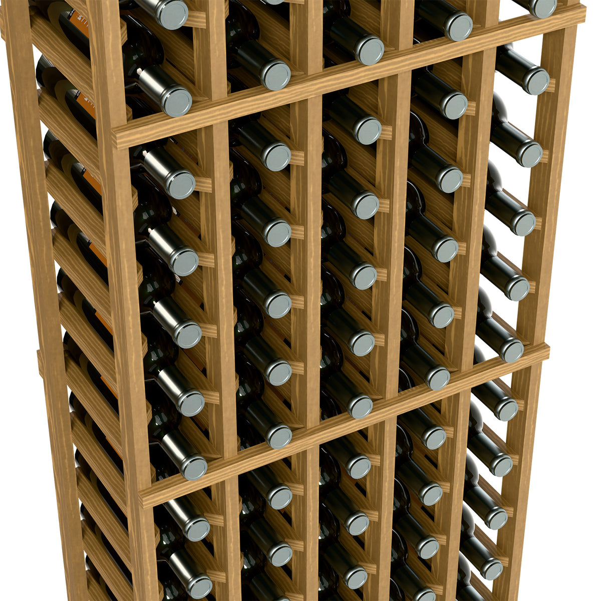 Close-up of light wood wine bottle rack with bottles in individual slots