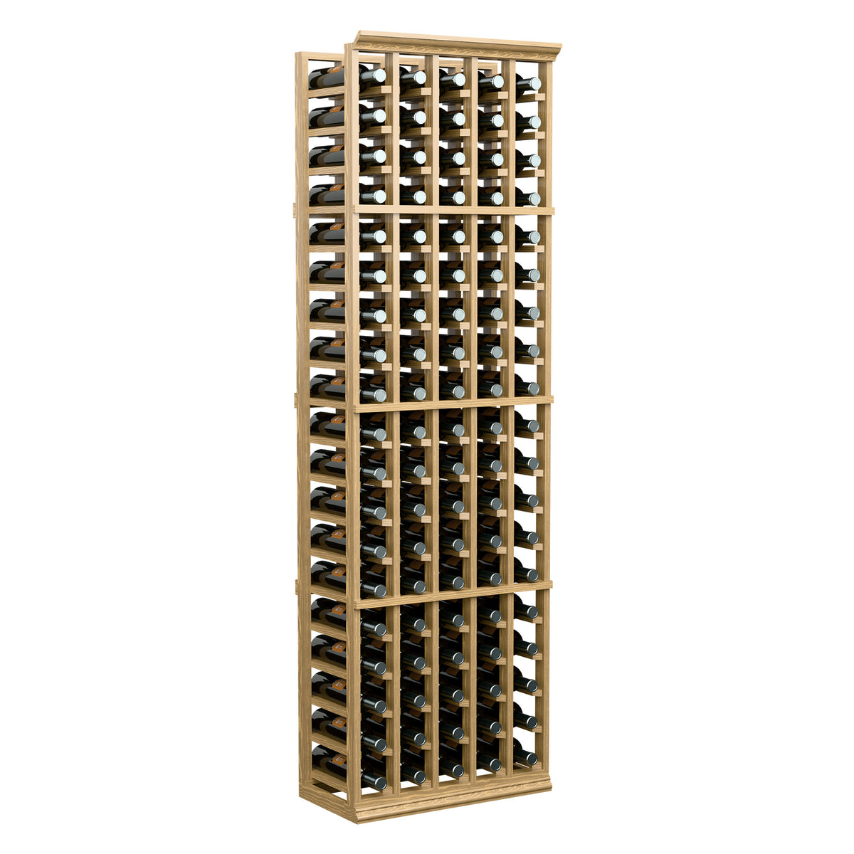 Light wood 5-column wine bottle storage rack, front view with bottle tops