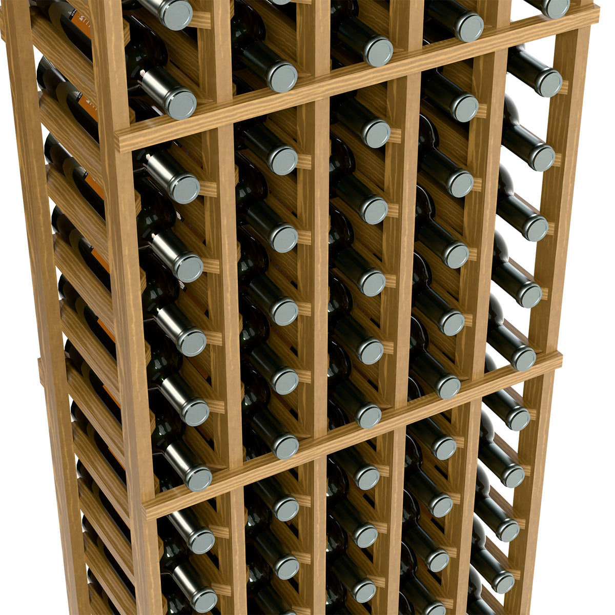 Angled close-up of light wood wine bottle rack with bottles in rows