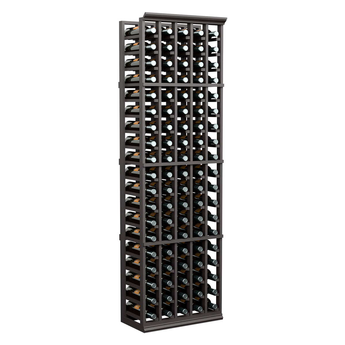Black wine bottle storage rack with five columns and many bottles upright