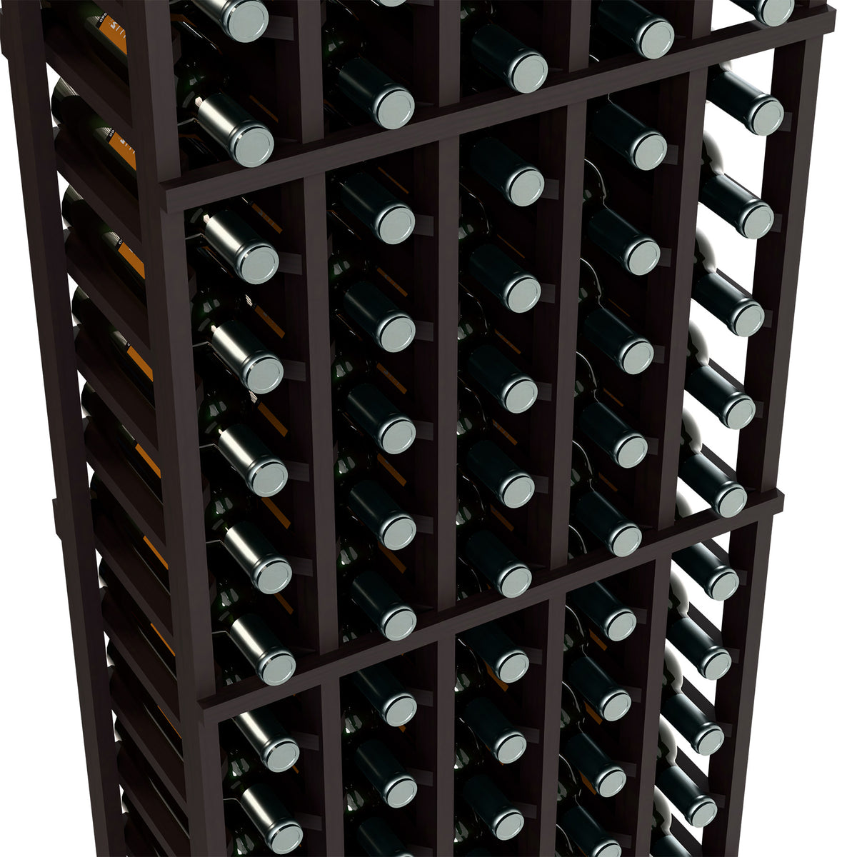 Close-up of black wine bottle rack with bottles arranged in a grid