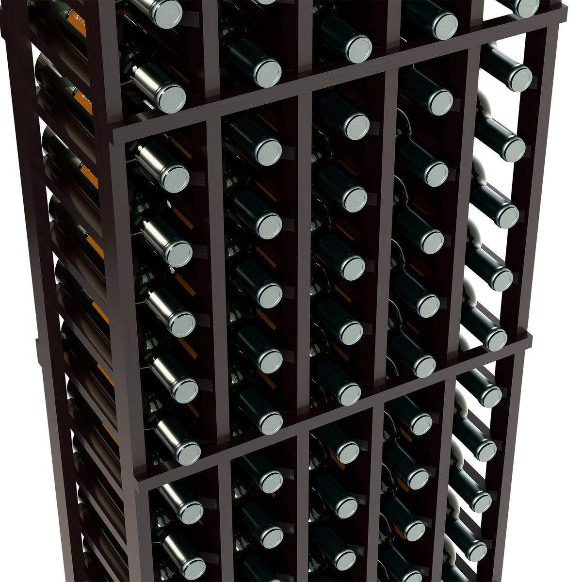 Angled close-up of dark wine bottle rack with bottles in multiple rows