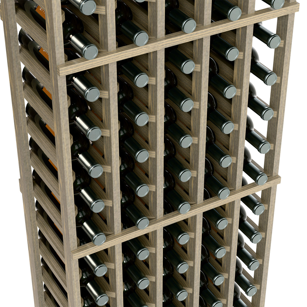 Angled view of light wood wine rack showing bottle slots and bottle necks