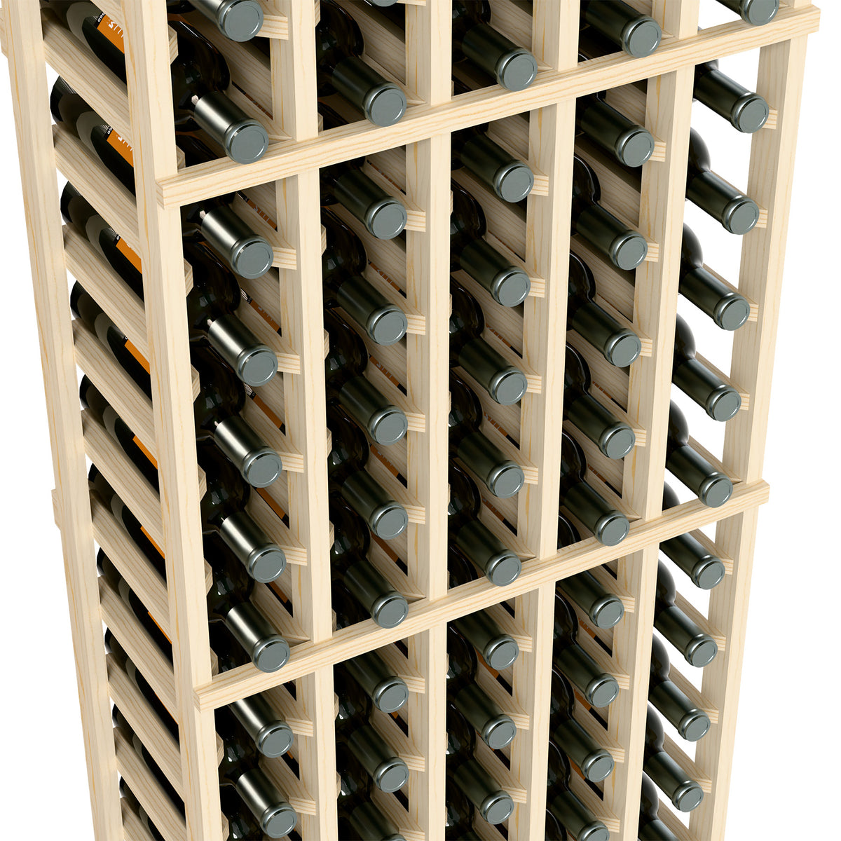 Close-up of light wood wine rack with multiple bottle compartments and rails