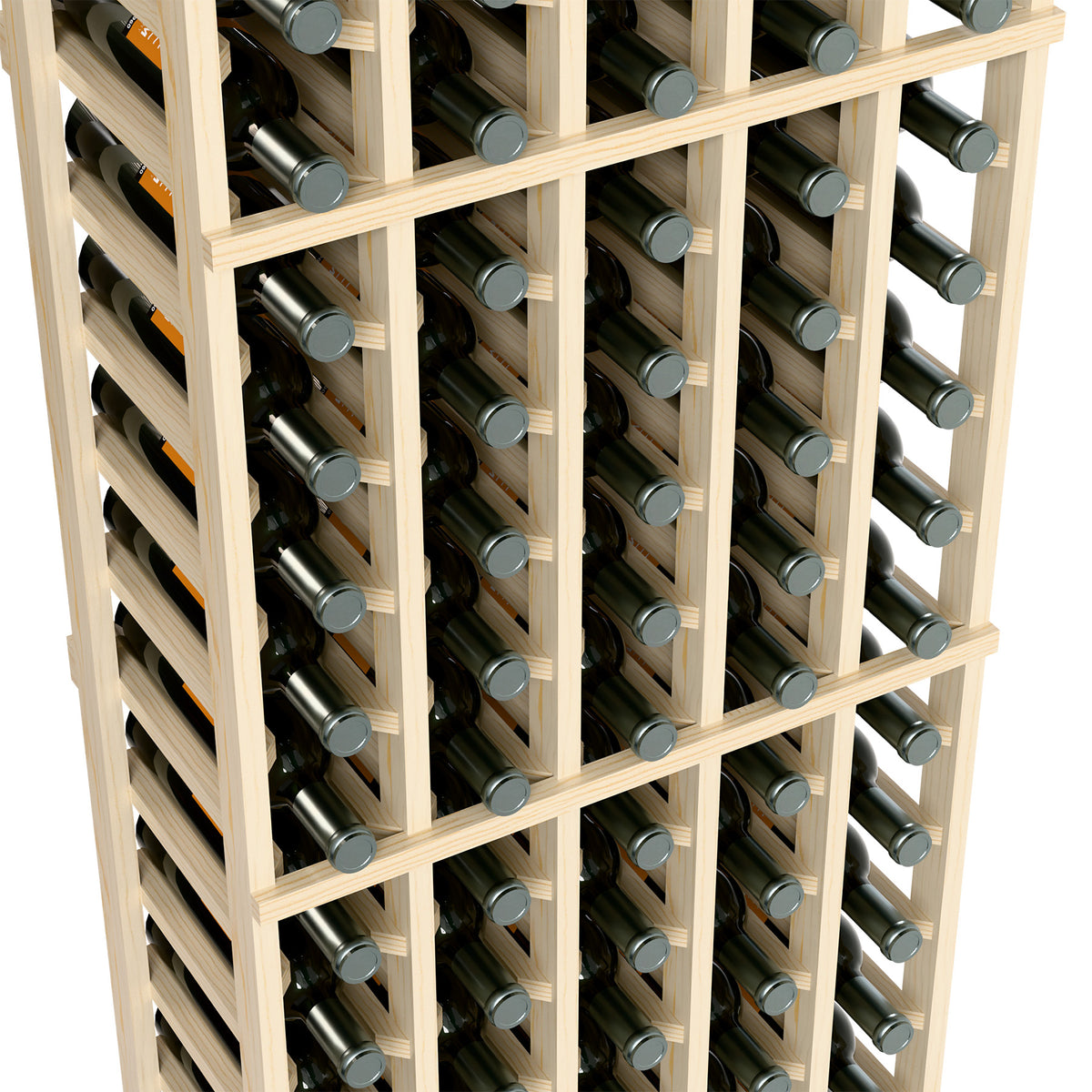 Close-up of light wood bottle rack compartments with bottles and metal caps