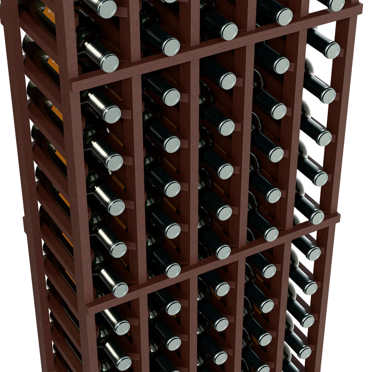 Close-up of dark brown wine rack cells holding bottles with gray caps