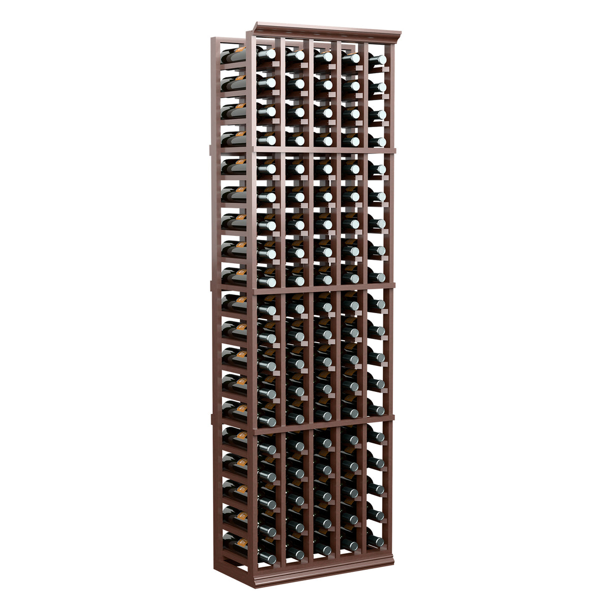 6FT 5-column wine bottle rack with dark wood frame and bottles in grid holders