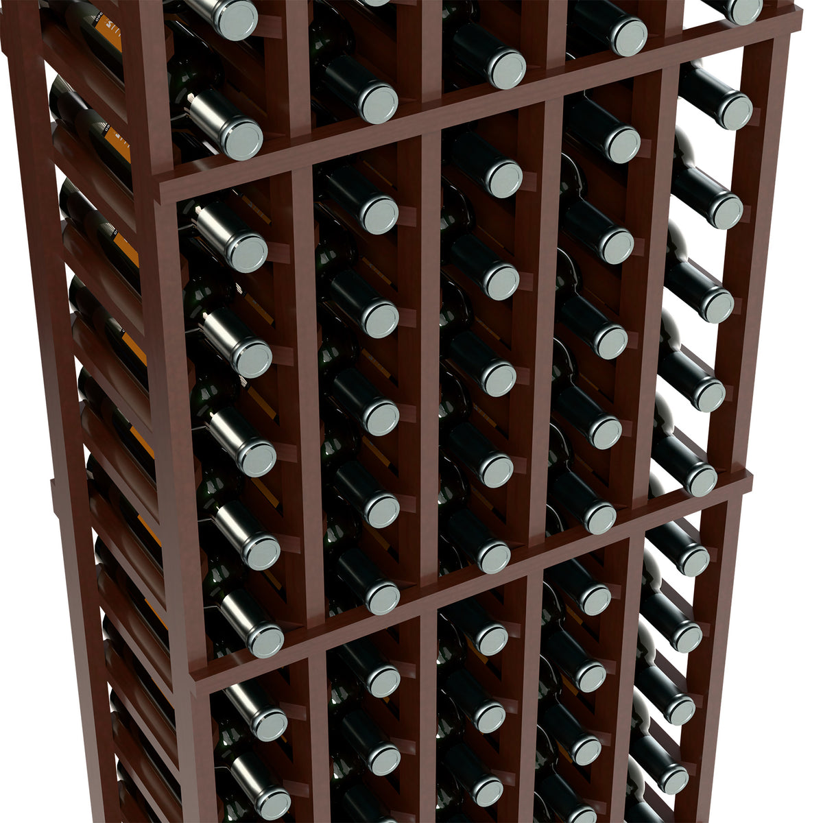 Dark wood wine rack with stacked bottles and metal bottle caps, shown in close-up