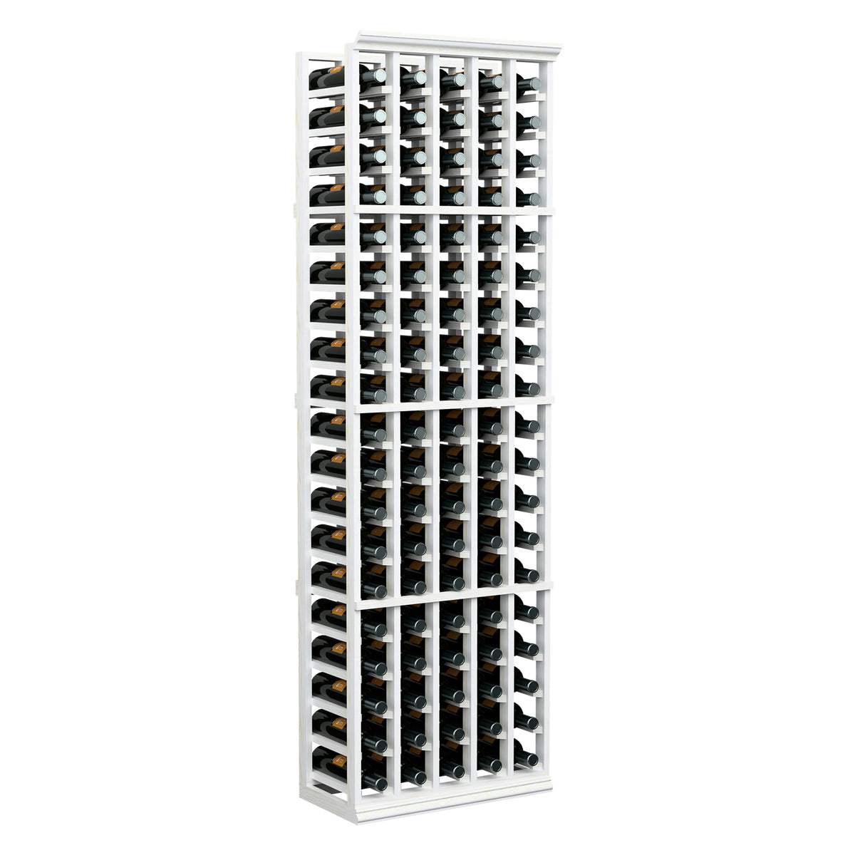 6FT 5-column wine bottle rack with white frame and bottles in grid holders