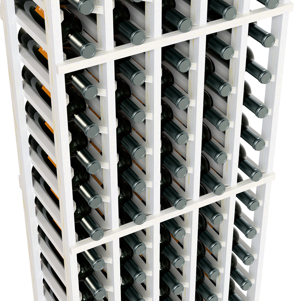 White wine rack with stacked bottles and metal bottle caps, shown in close-up