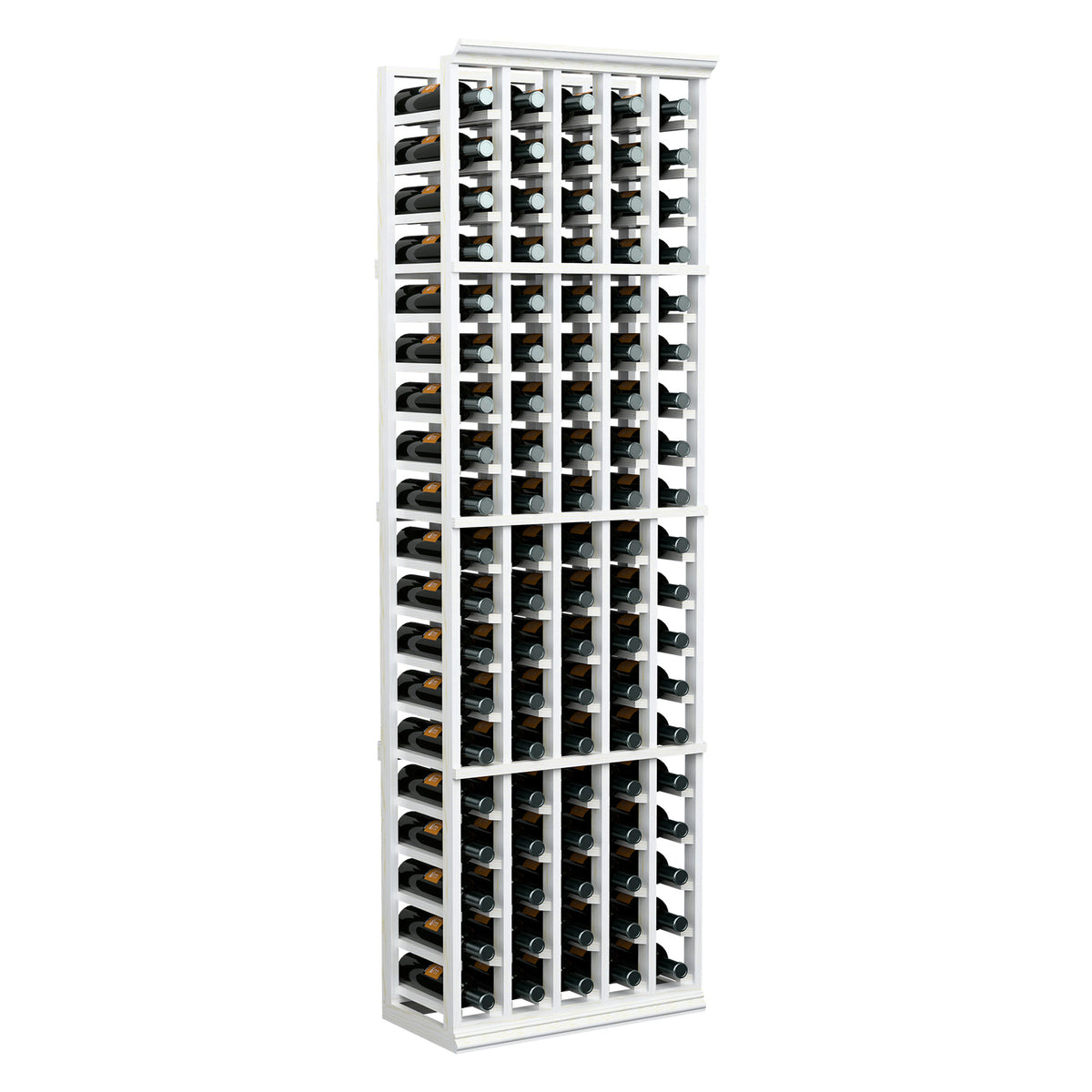 6FT 5-column wine bottle rack with white frame and bottles in grid holders