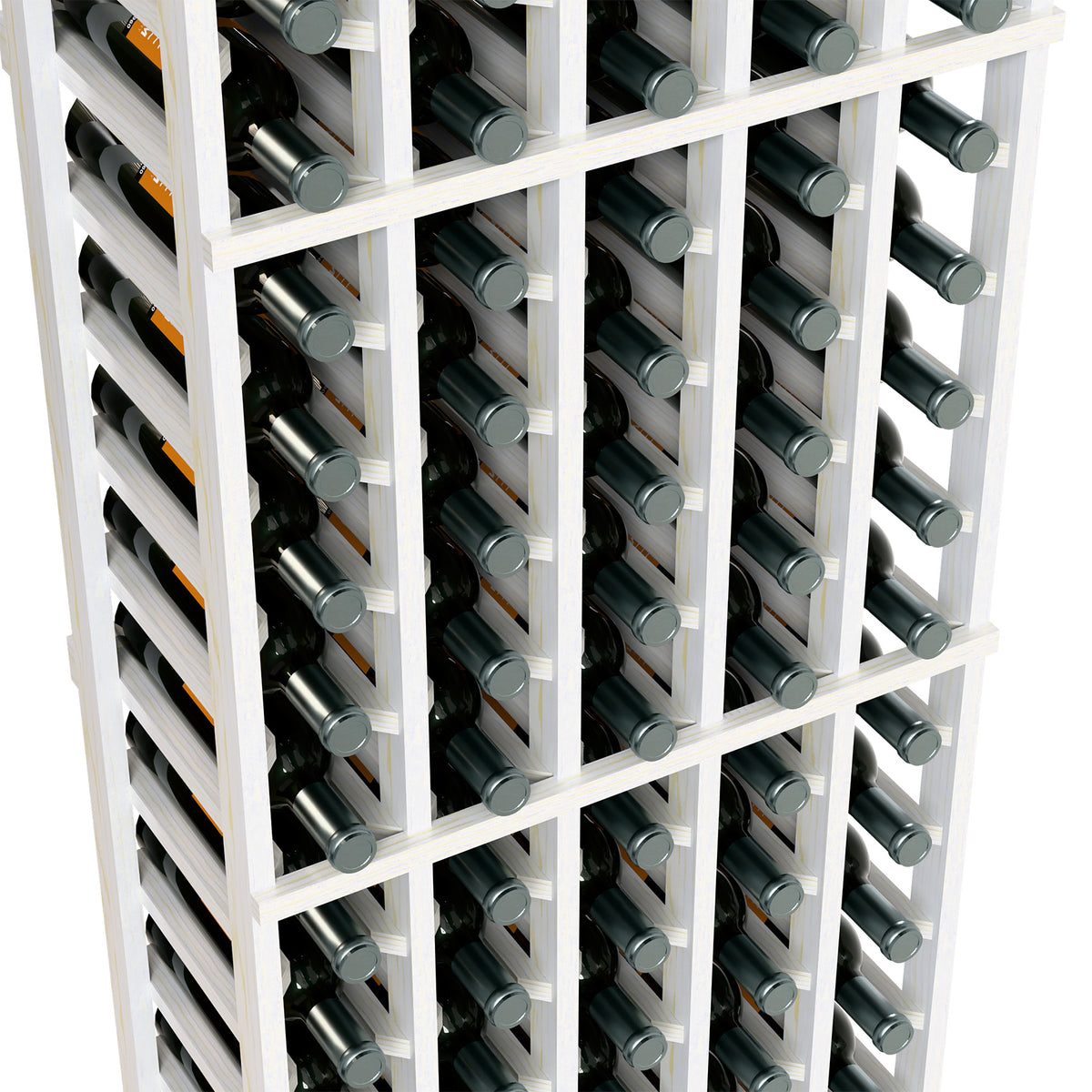 White wine rack with stacked bottles and metal bottle caps, close-up view