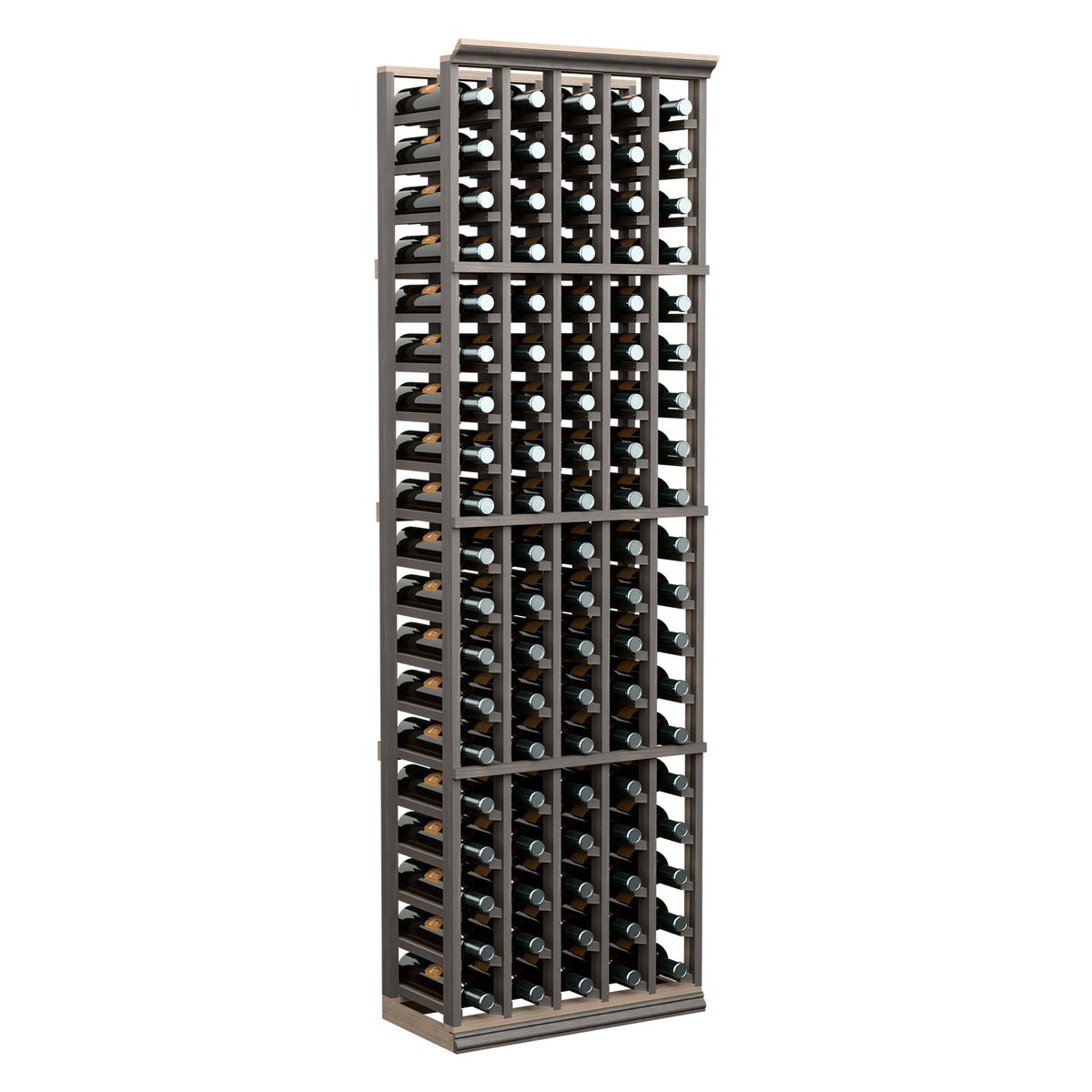 5-column wine bottle rack, tall wood frame with multiple bottle slots, front view