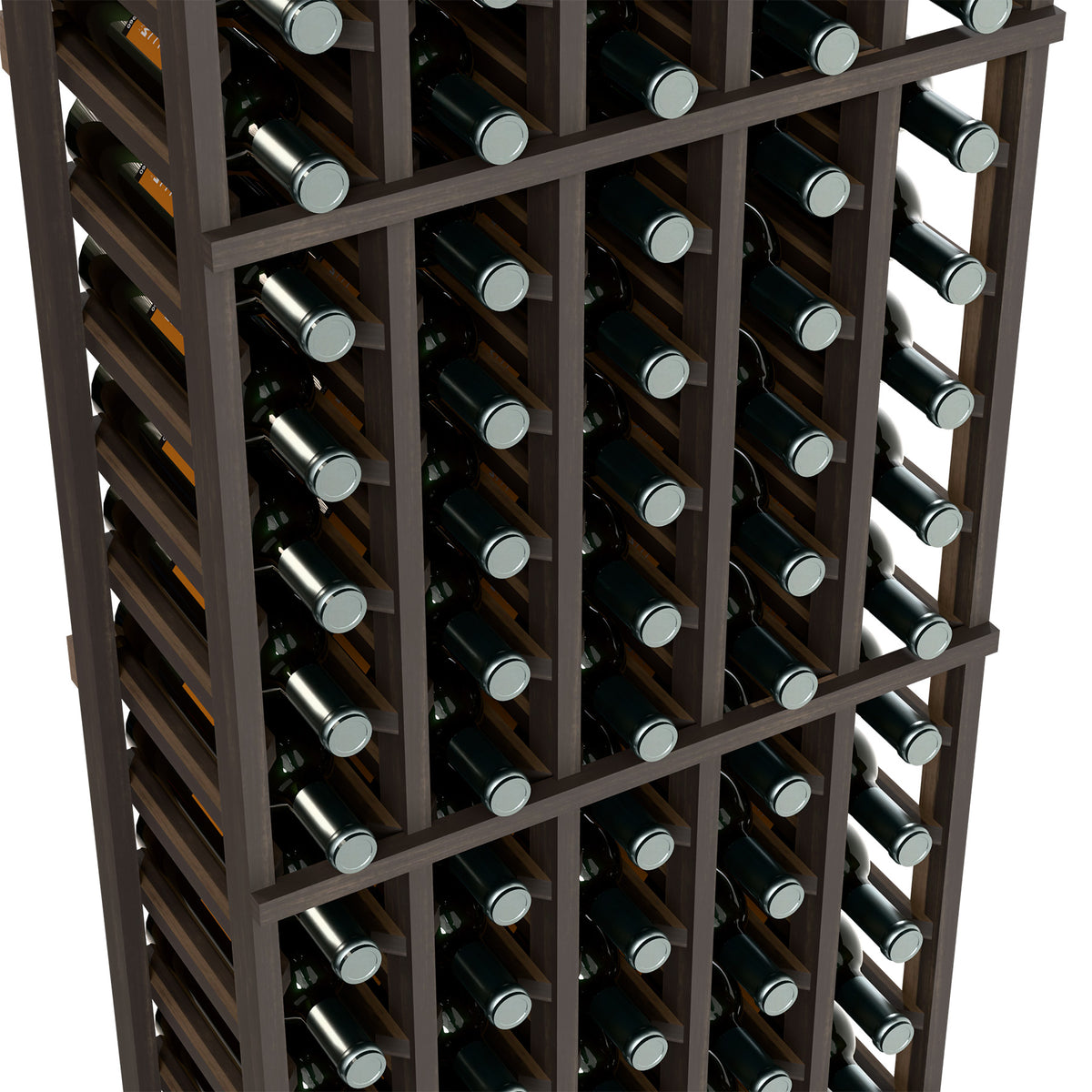 Wine bottle rack close-up with dark wood grid and bottles stored in rows
