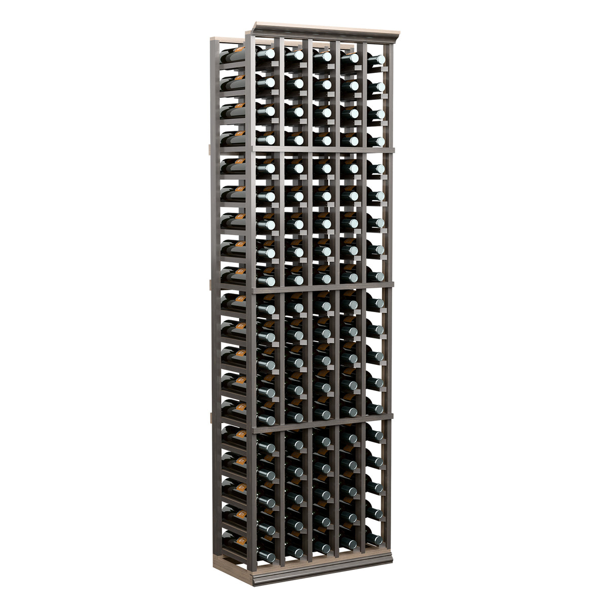Wine bottle rack, tall 5-column wooden frame with bottle slots, front perspective