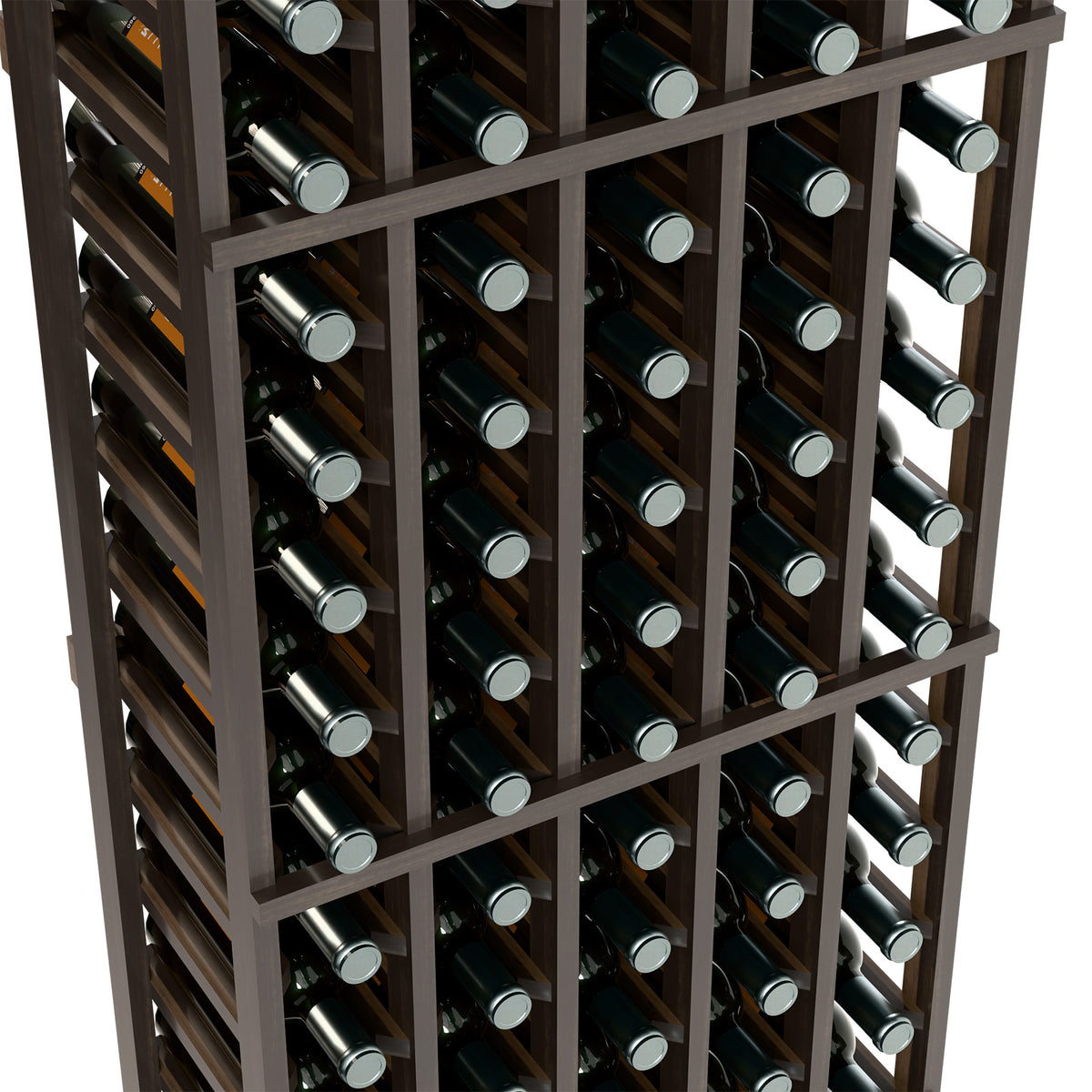 Wine bottle rack close-up showing dark wood dividers and bottle necks in slots