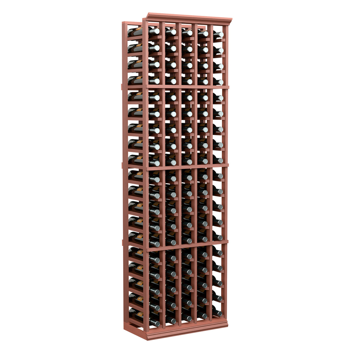 5-column wine bottle rack with reddish wood frame and bottle slots, front view