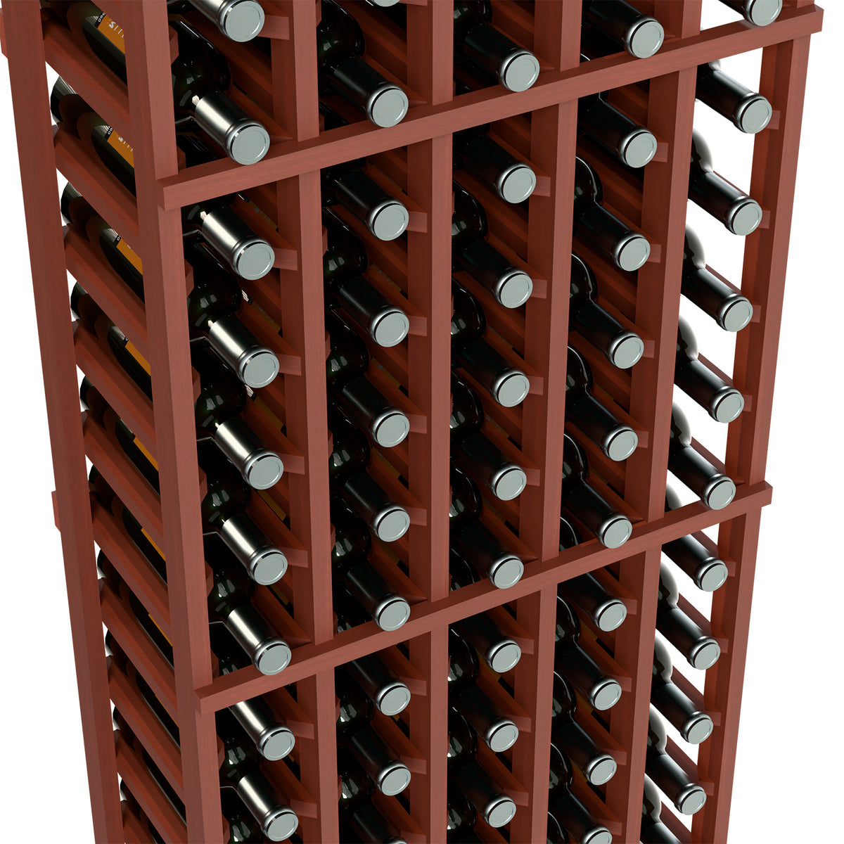 Wine bottle rack close-up with reddish wood grid holding bottles in vertical rows