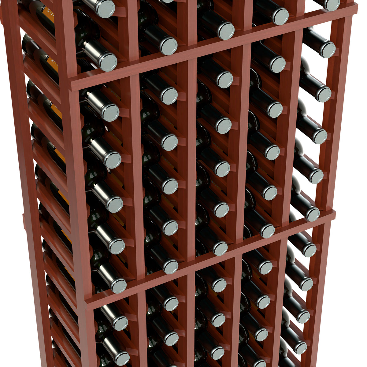Wine bottle rack close-up with light wood dividers and bottles in nested slots