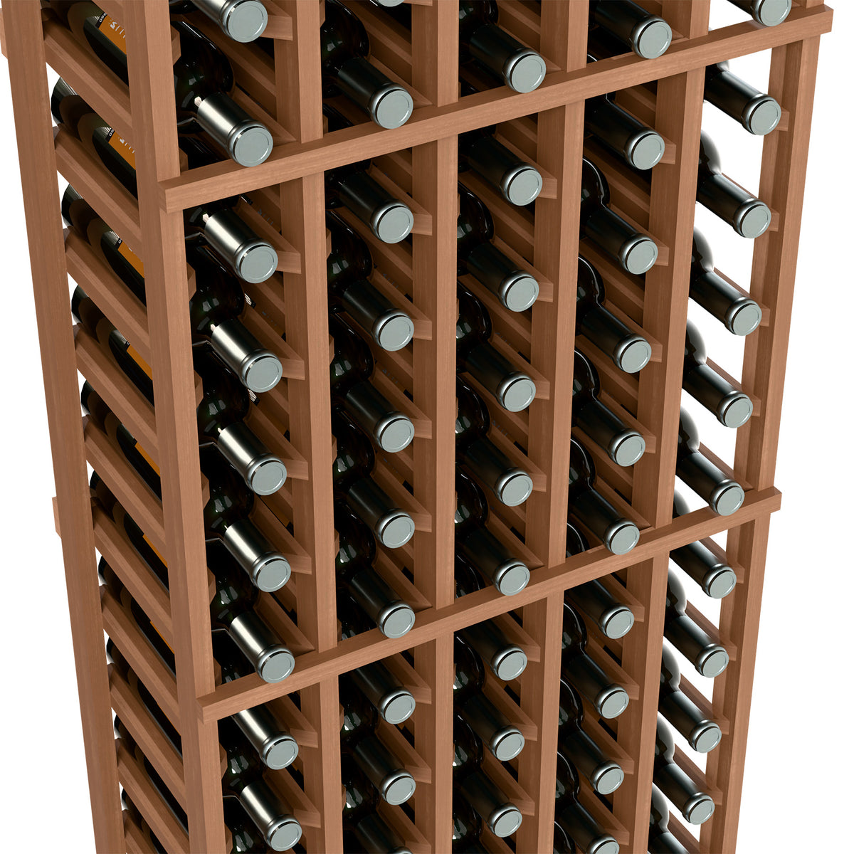 Wine bottle rack close-up with natural wood grid storing bottles in rows