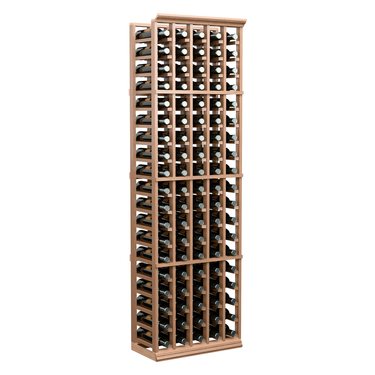 5-column wine bottle rack, light wood frame with rows of bottles