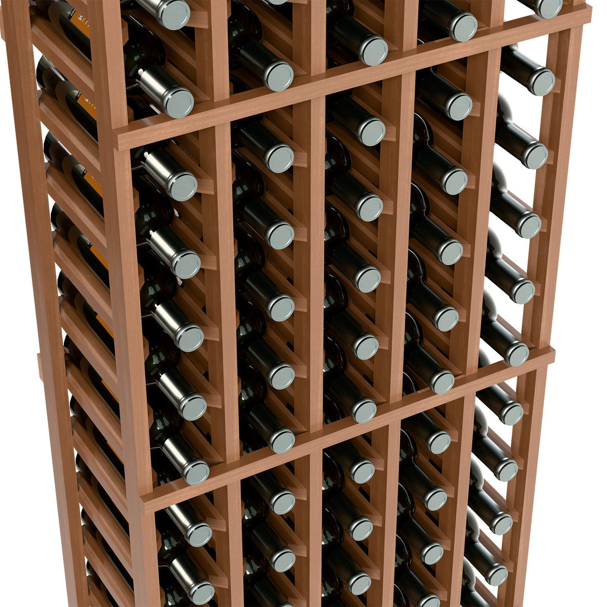 Wine bottle rack close-up, light wood dividers holding bottles with silver caps