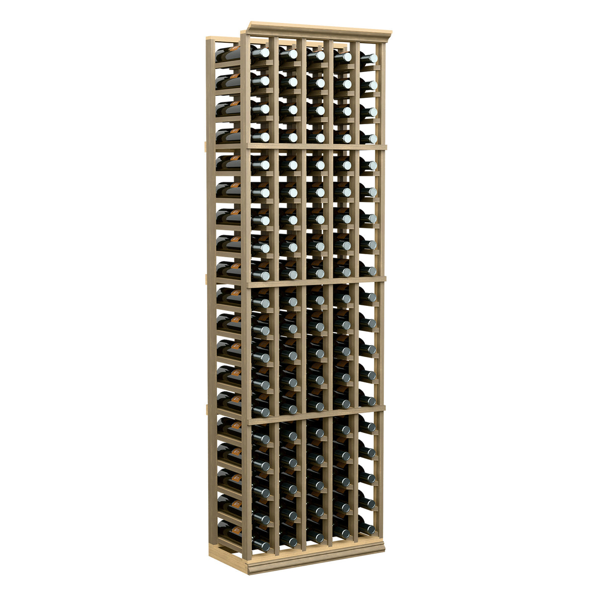 Tall wine rack with light wood frame and front bottle grid