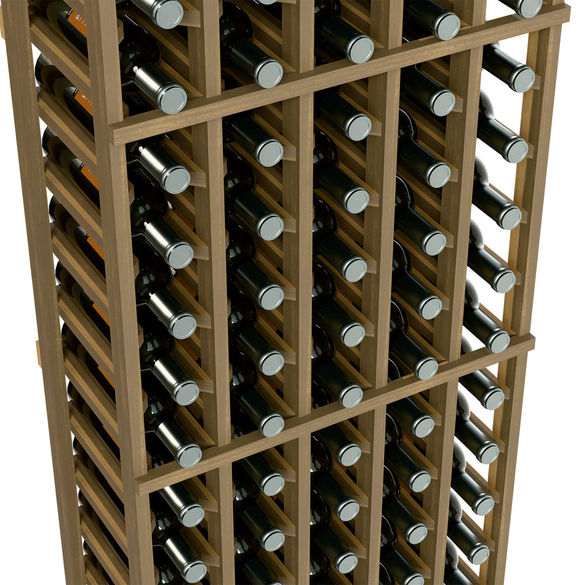 Angled view of wine rack, light wood lattice with bottle necks and caps