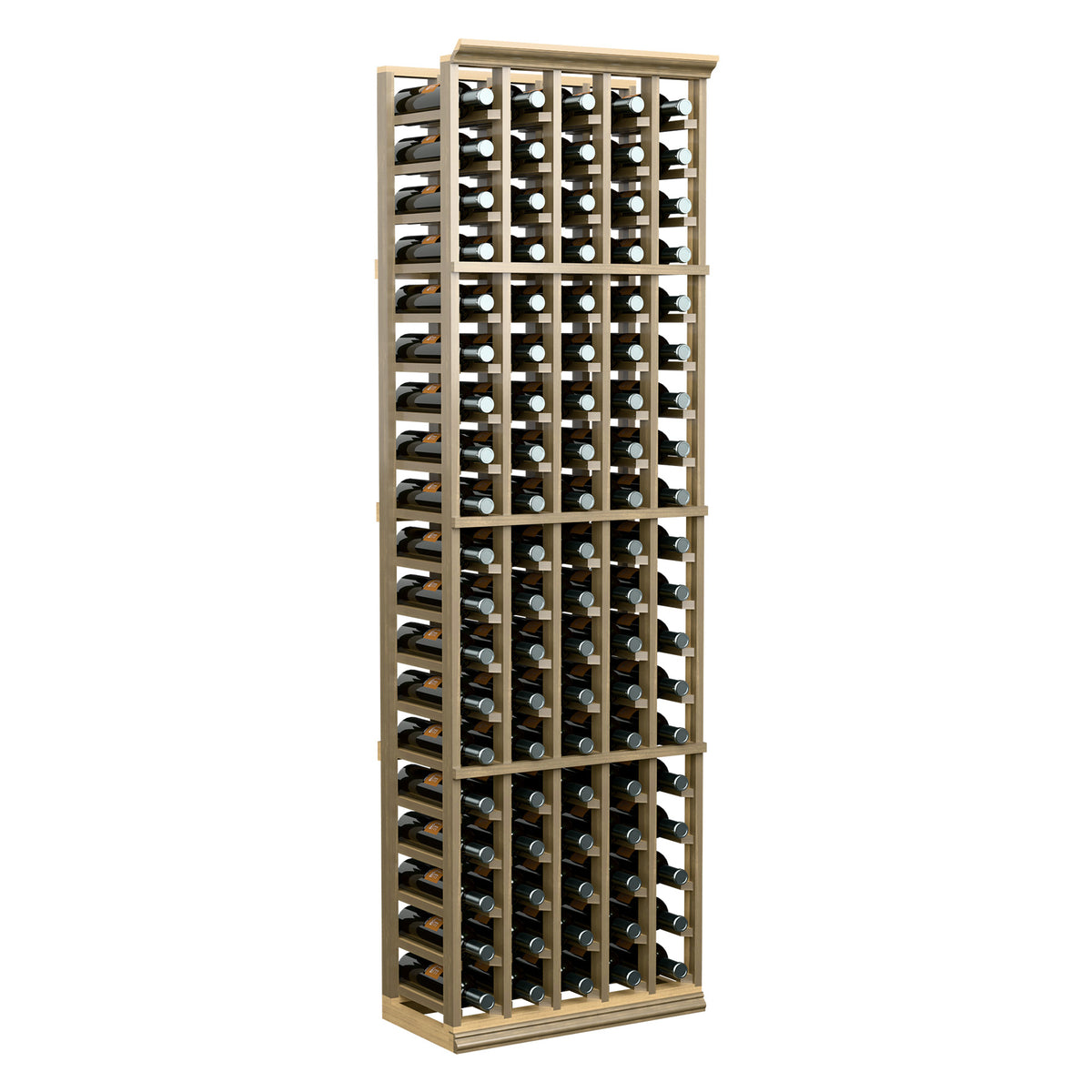 Tall 5-column wine bottle rack, light wood frame and bottle slots