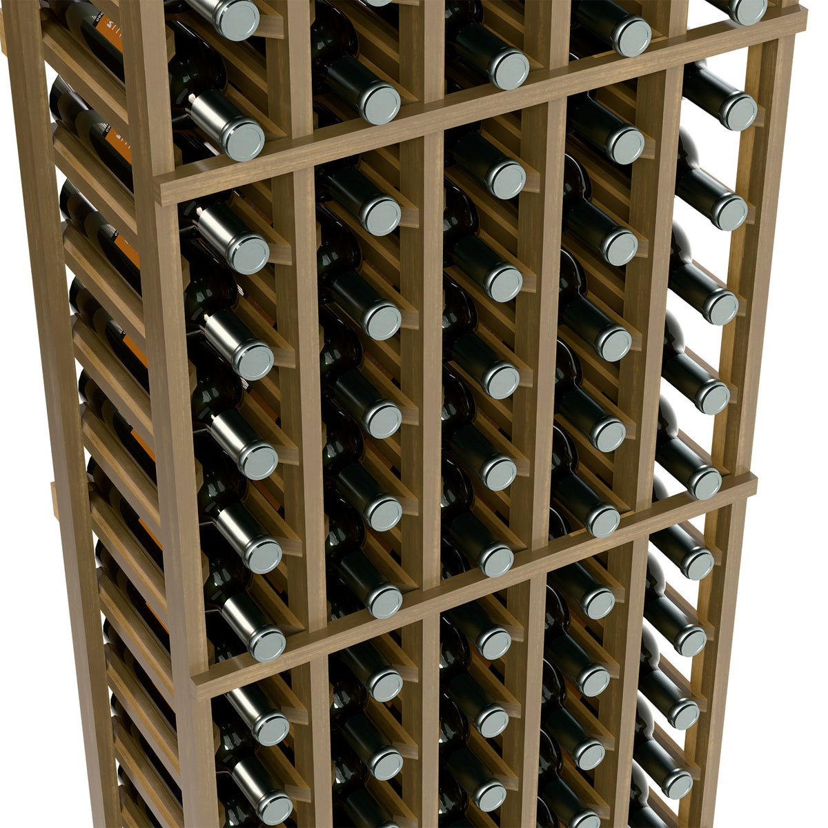 Close-up of wine rack, light wood slats separating bottles