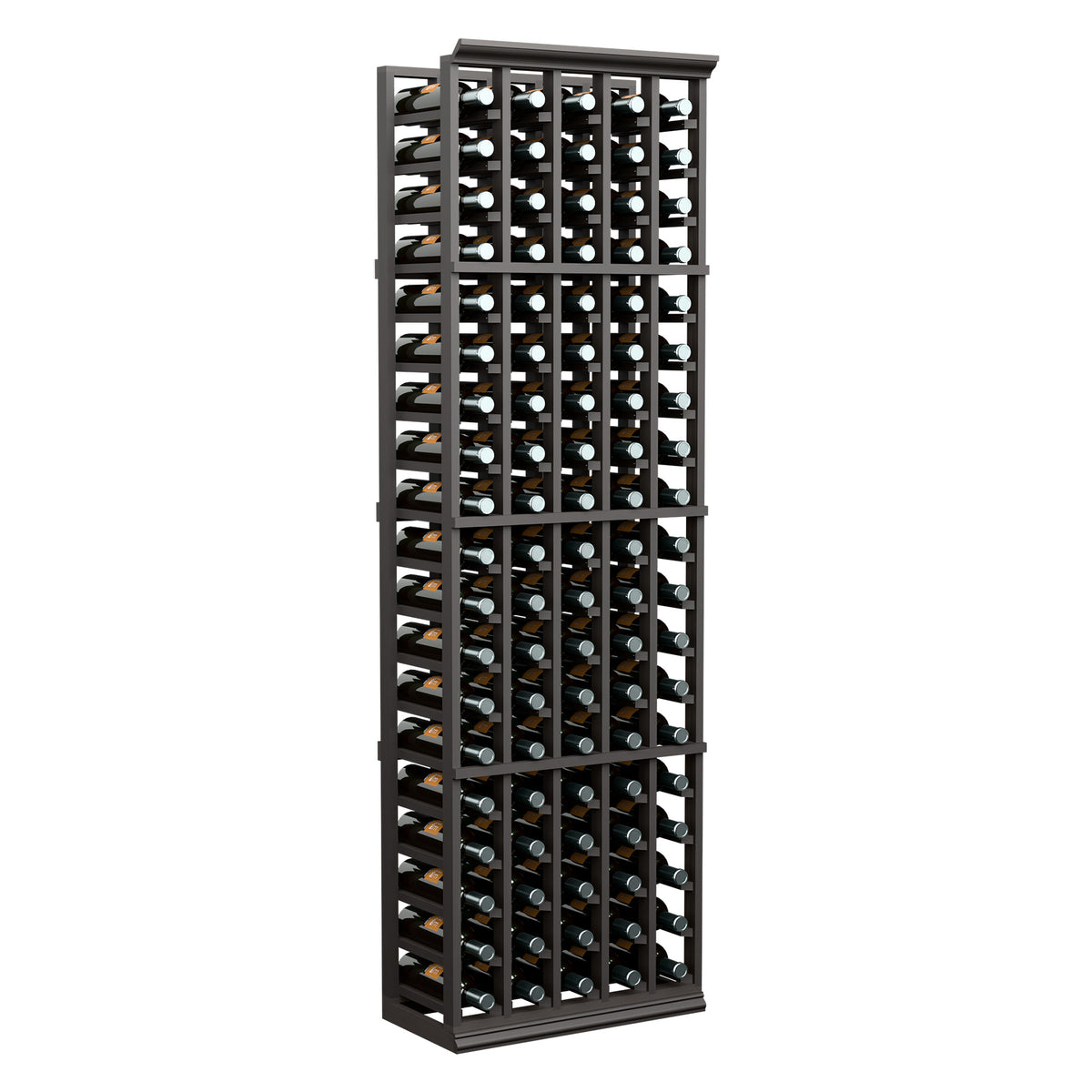 5-column wine bottle rack, dark wood frame with bottle rows