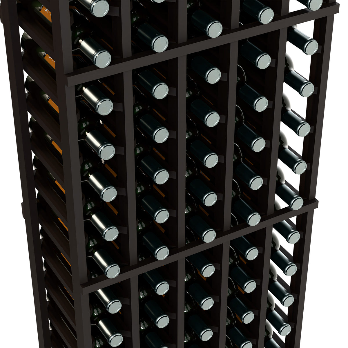 Close-up wine rack, dark wood grid holding bottles with silver caps