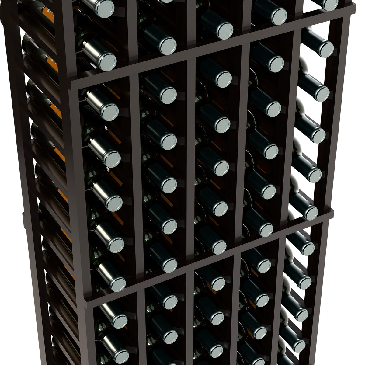 Angled close-up of wine rack, dark frame with neatly stored bottles