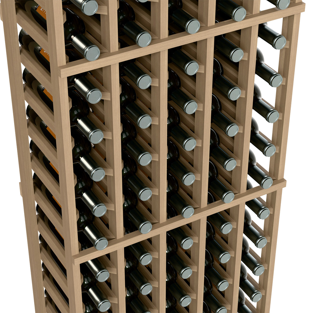 Angled close-up of a 5-column wine bottle rack with bottle necks in light-wood slots