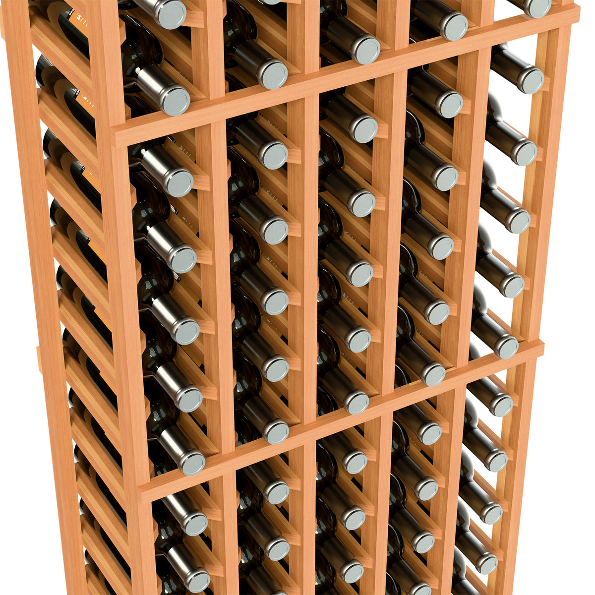 Angled close-up of a 5-column wine bottle rack with bottle necks in orange-wood slots