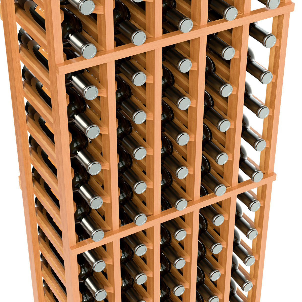 Close-up of a 5-column wine bottle rack showing bottle rows in orange-wood compartments