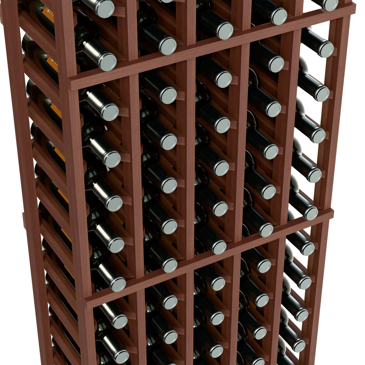 Angled close-up of a 5-column wine bottle rack with bottle necks in dark-wood slots