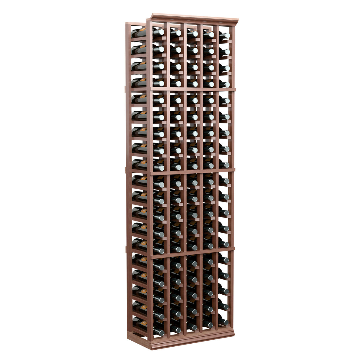 Six-foot 5-column wine bottle rack with dark wood frame and bottle slots
