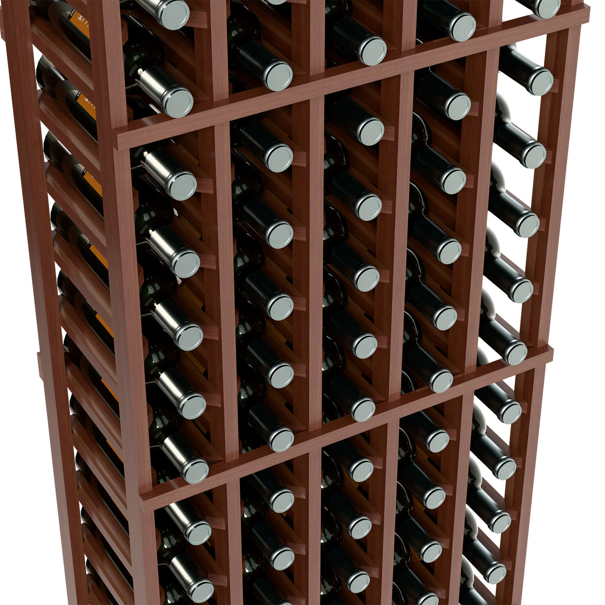 Close-up of 5-column wine rack showing dark-stained wood and bottle openings