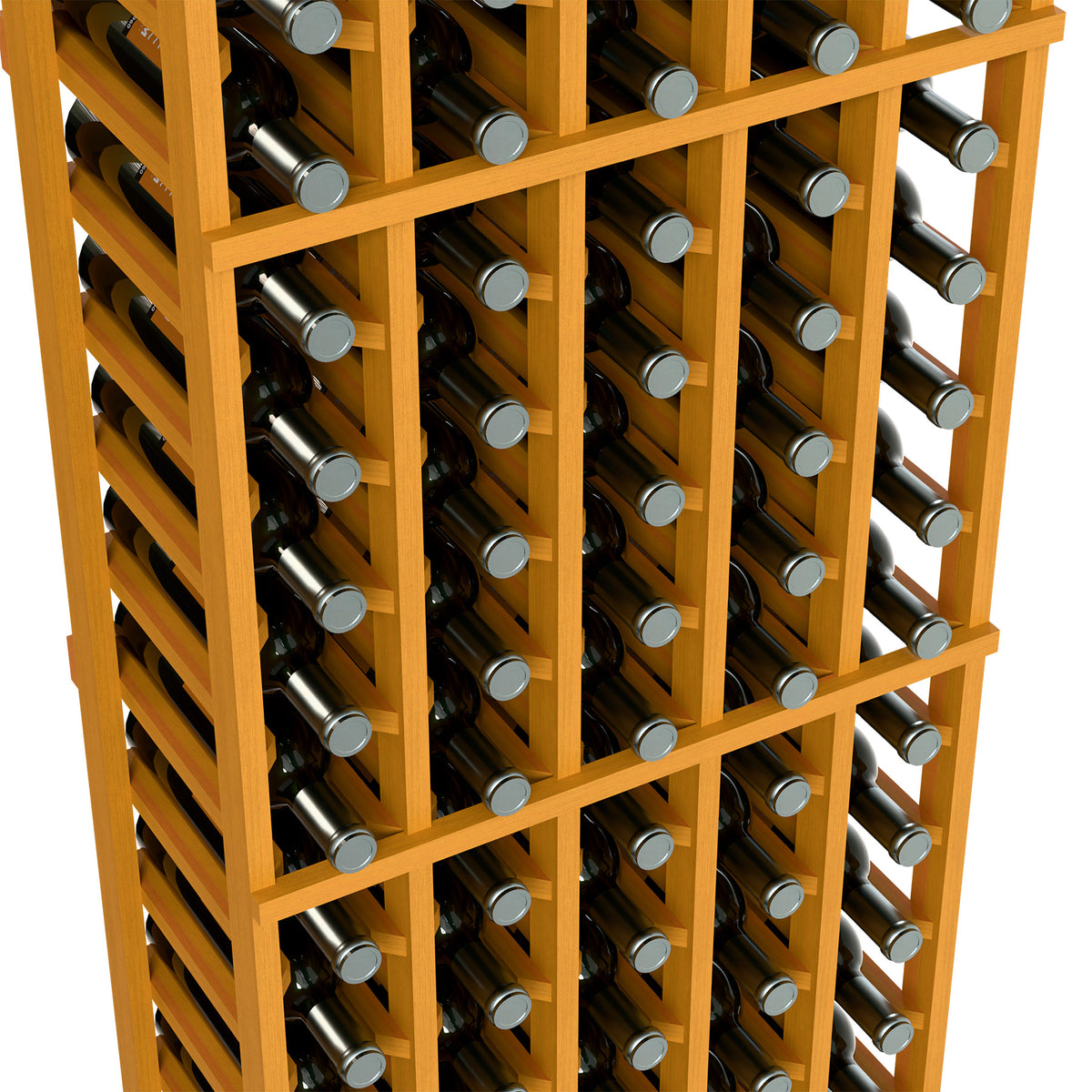 Close-up of 5-column wine rack with light wood frame and bottle storage rows