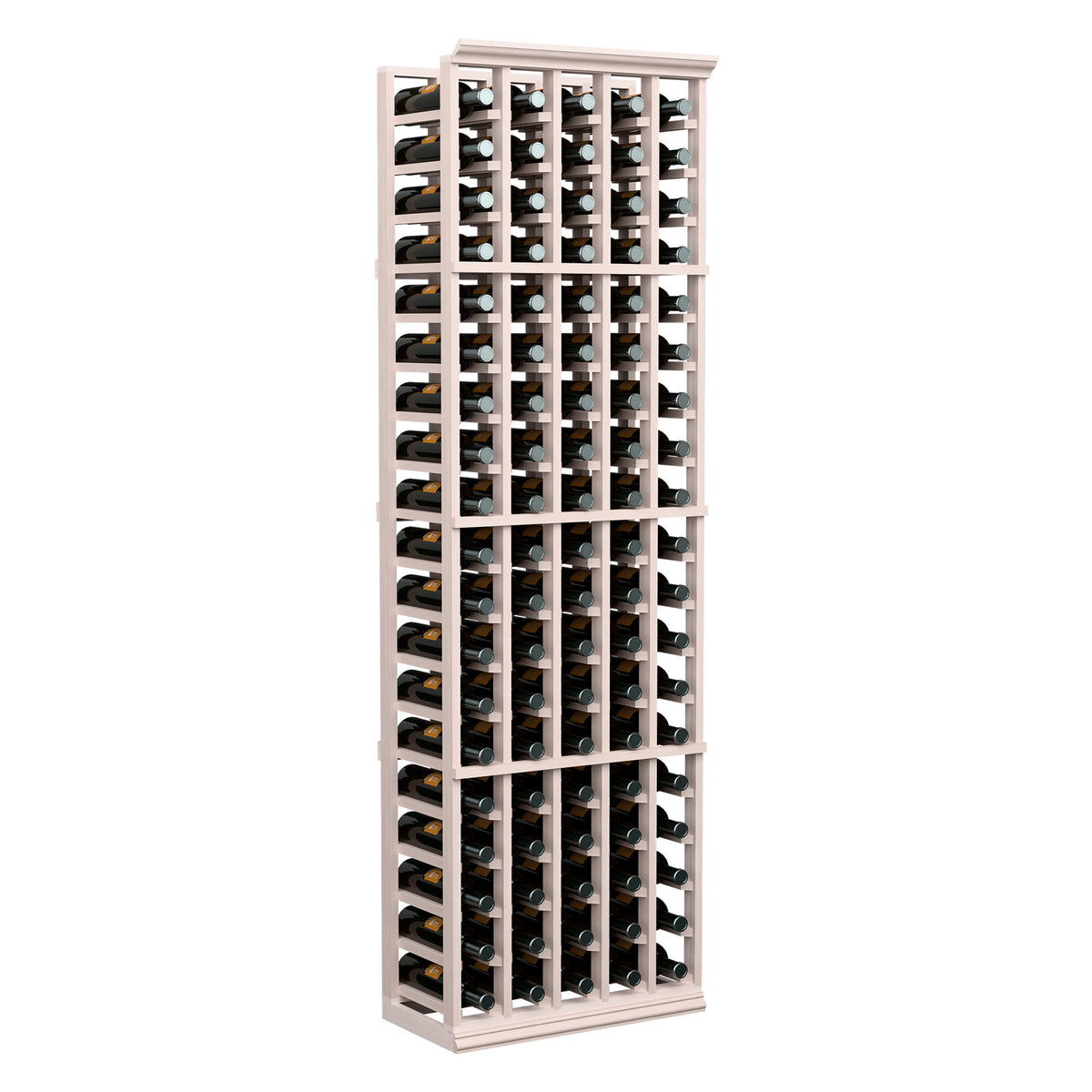 Six-foot 5-column wine bottle rack with light gray frame and bottle slots