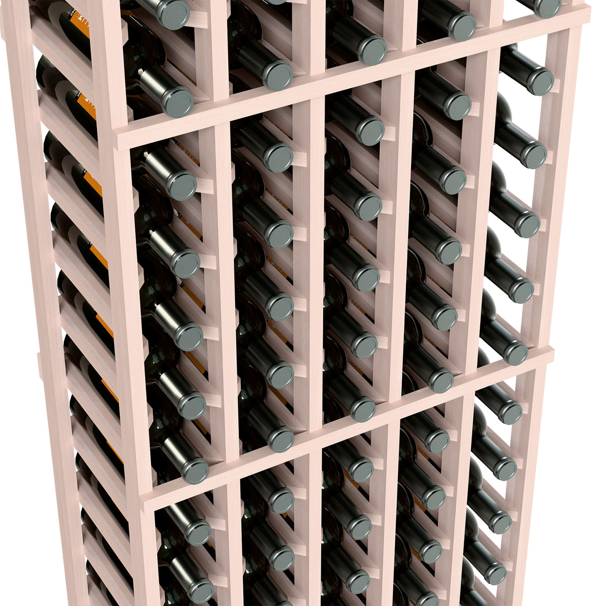 Close-up of 5-column wine rack with light gray frame and bottle storage slots