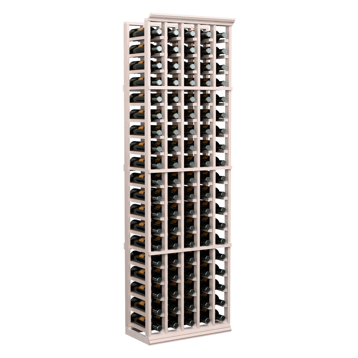 Six-foot 5-column wine bottle rack with whitewashed frame and bottle slots